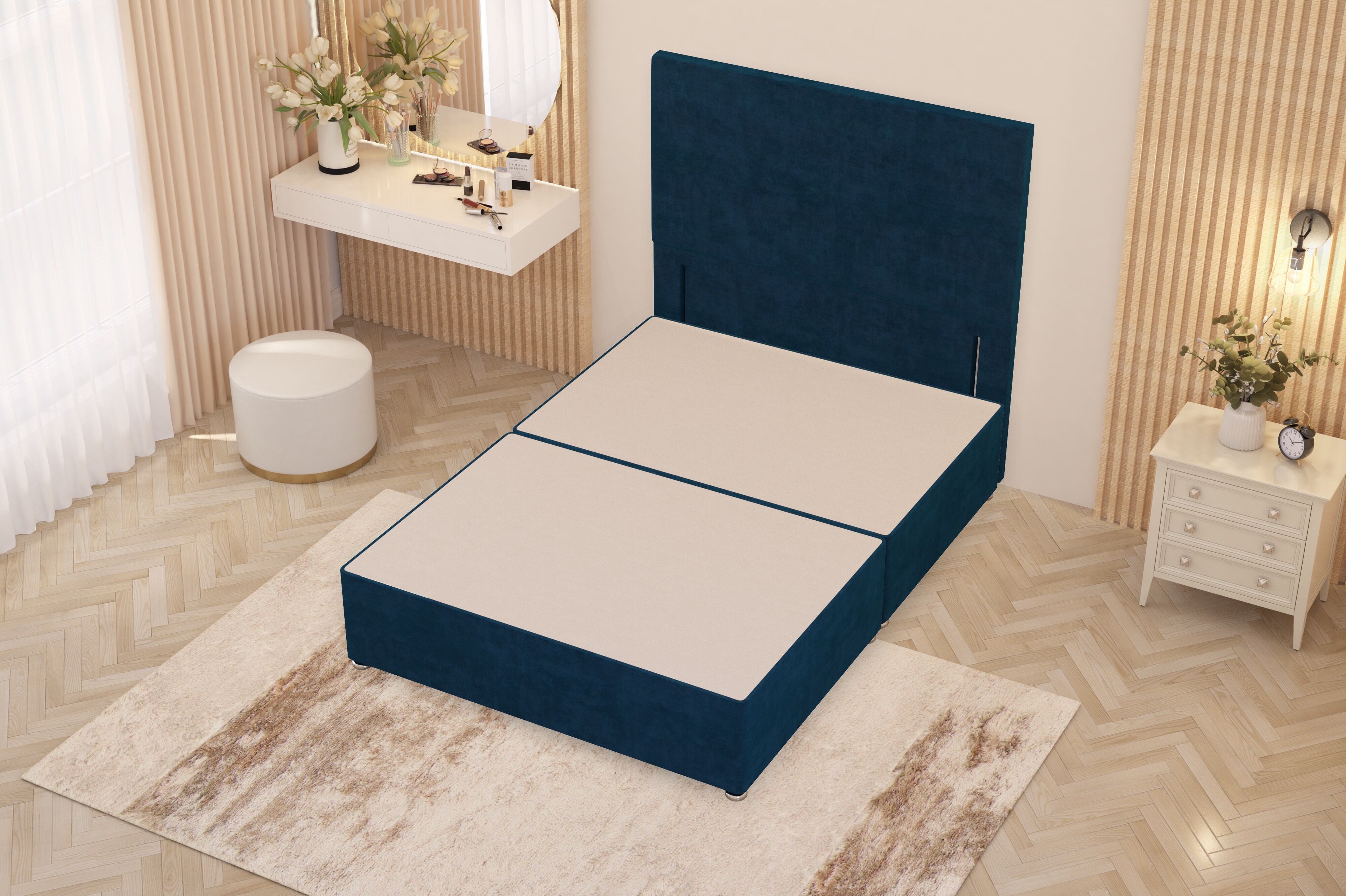 Divan Bed Base with Plain Floor Standing Headboard Plush Velvet Blue Navy