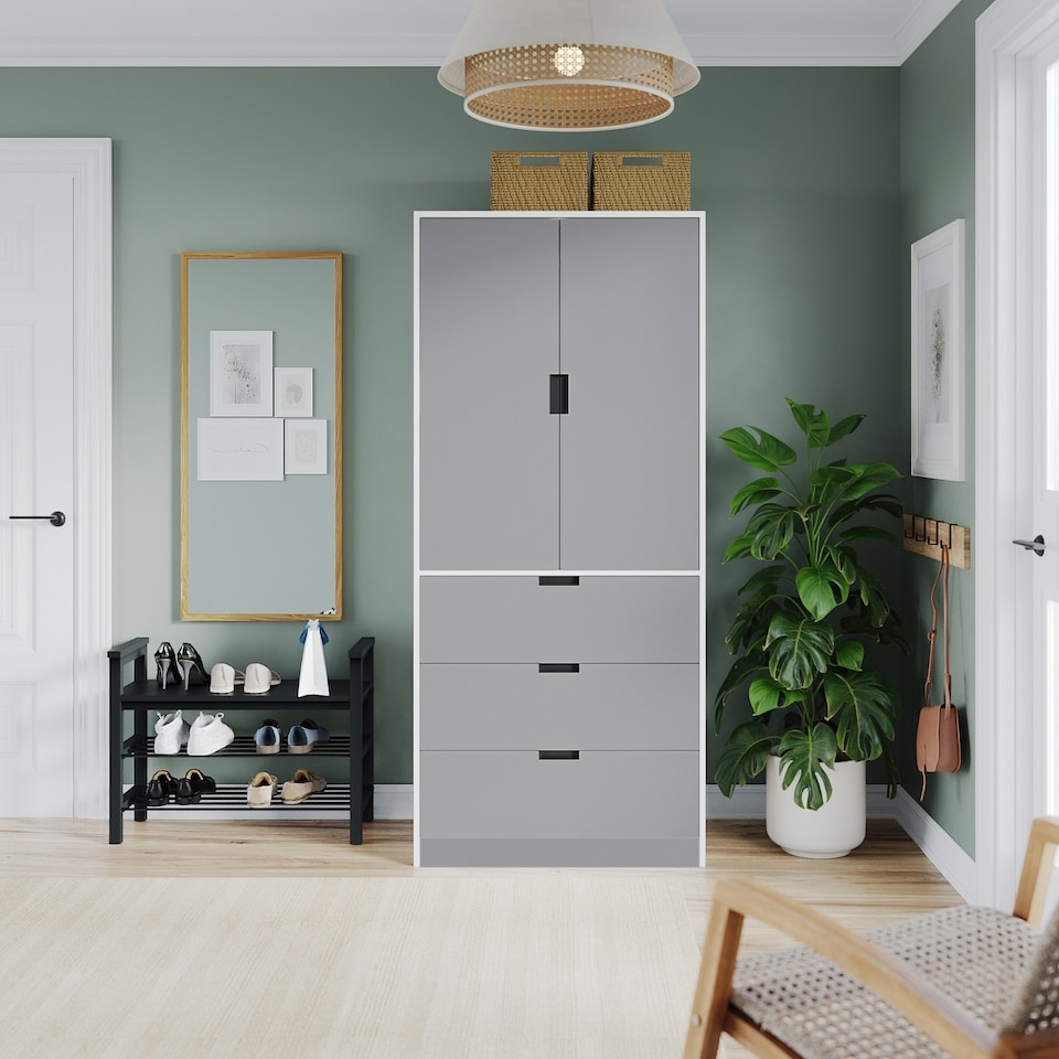 image 1 of 2 Door 3 Drawer Wardrobe with Hanging Rail - Modern Bedroom Storage Furniture | White | White with Grey Doors | 1