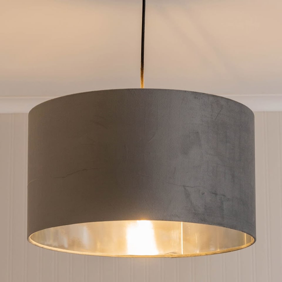 image 1 of ValueLights Reni Large Grey Velvet Chrome Inner Lamp Shade & Bulb | Grey