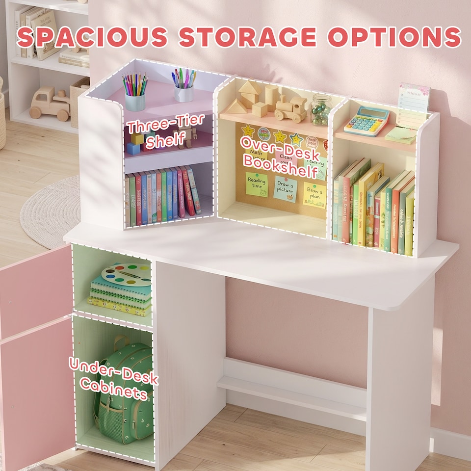 image 1 of AIYAPLAY Kids Desk and Chair Set w/ Cabinets for Ages 5-12 Years, Pink