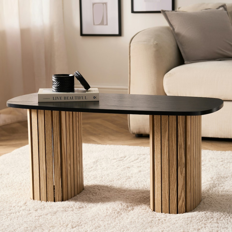 image 1 of OHS Ribbed Curved Home Furniture Living Room Decor Coffee Table Multi | Light Wood and Black