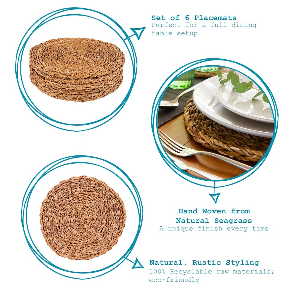 image 1 of Argon Tableware Round Woven Seagrass Placemats - 30cm - Pack of 6 | Brown | Brown