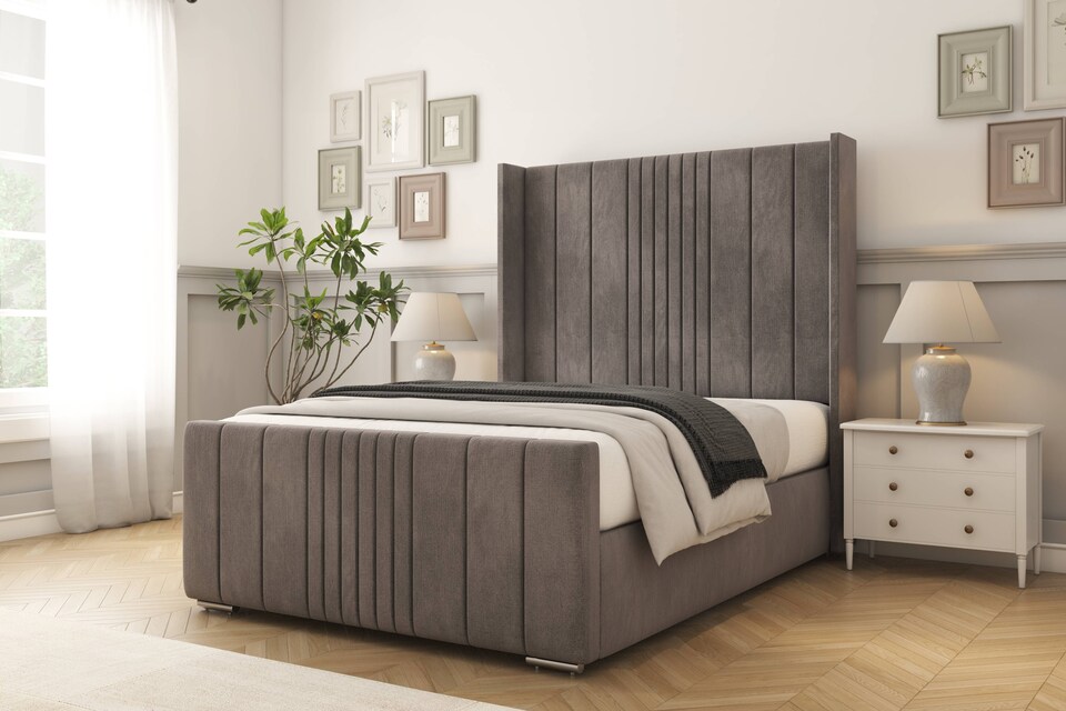 image 1 of Sloomy Hargrave Slate Naples Bed Frame With 50"  Upholstered Wingback Headboard 4'6 Double