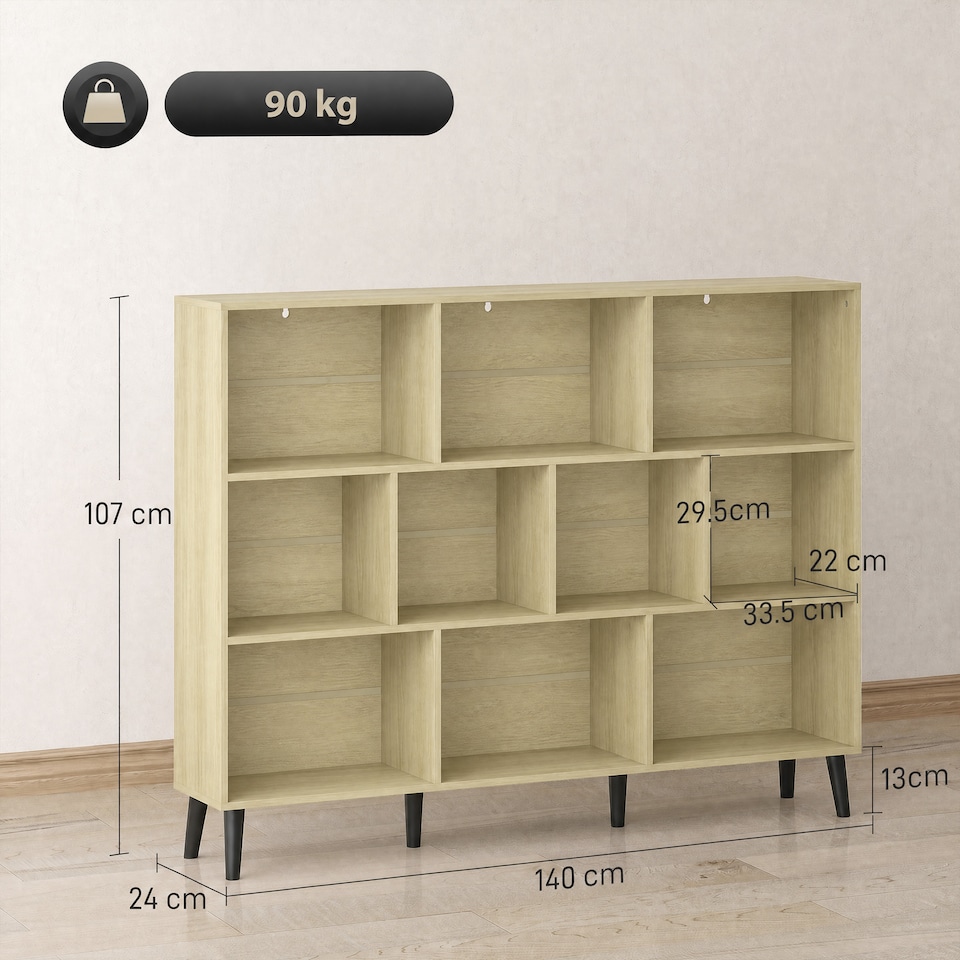 image 1 of HOMCOM 3-Tier Bookshelf with 10 Cubbies, Book Shelf with Wood Legs