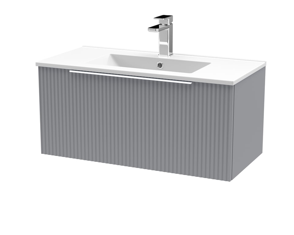 image 1 of Balterley Tixall Fluted 1 Drawer Wall Hung Vanity Unit with Minimalist Basin, Satin Grey, 800mm