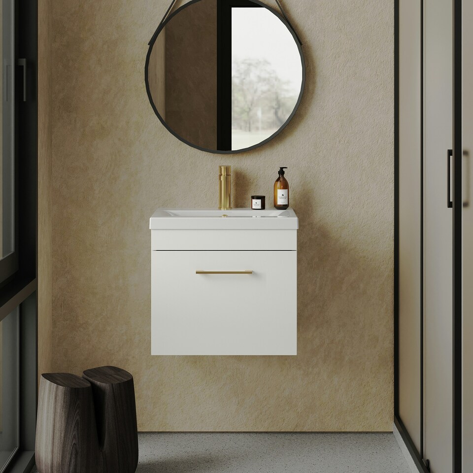 image 1 of Rio 1 Drawer Wall Hung Vanity Basin Unit - 500mm - Gloss White with Brushed Brass D Handle (Tap Not Included) White