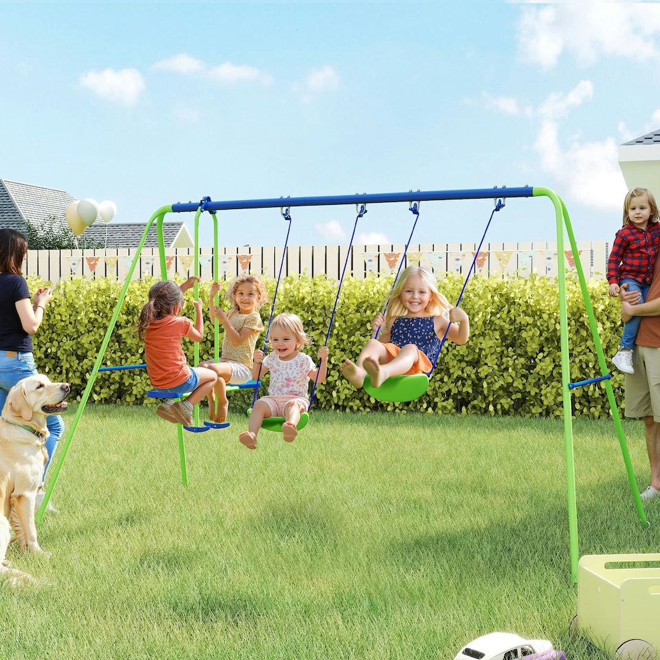 image 1 of Outsunny Metal Swings Set w/ Glider, Adjustable Height, Green
