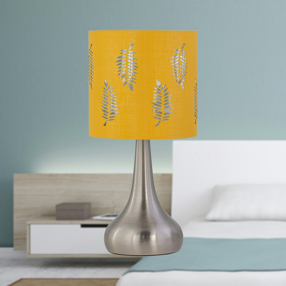 image 1 of Set of 2 Romana - Brushed Chrome Touch Operated Table Lamps Bedside Lights Ochre Fern Shade Silver | Yellow