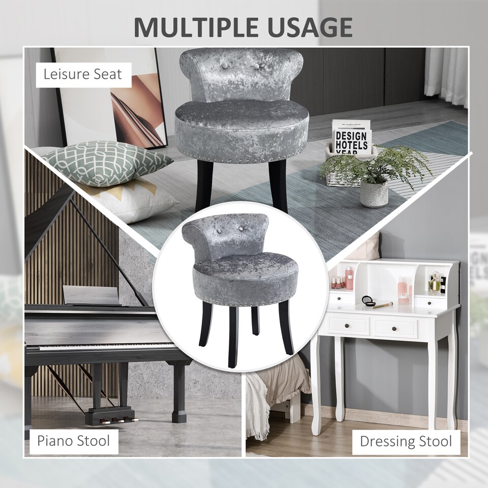 image 1 of HOMCOM Dressing Table Stool with Rubber Wood Legs, Ice Velvet Vanity Stool for Living Room Bedroom, Grey