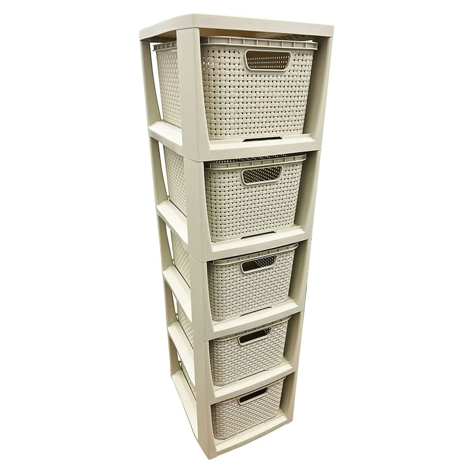 image 1 of 1 x 5 Drawer Cream Rattan Effect Commode Stylish Home Office Storage Tower Unit Basket | Cream