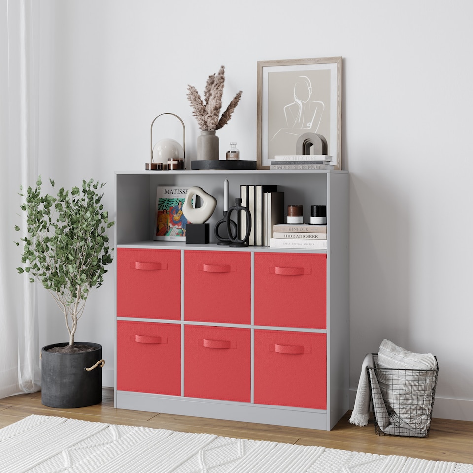 image 1 of Wide 7-Cube Bookcase With Drawers | Grey | Grey & Red | 1