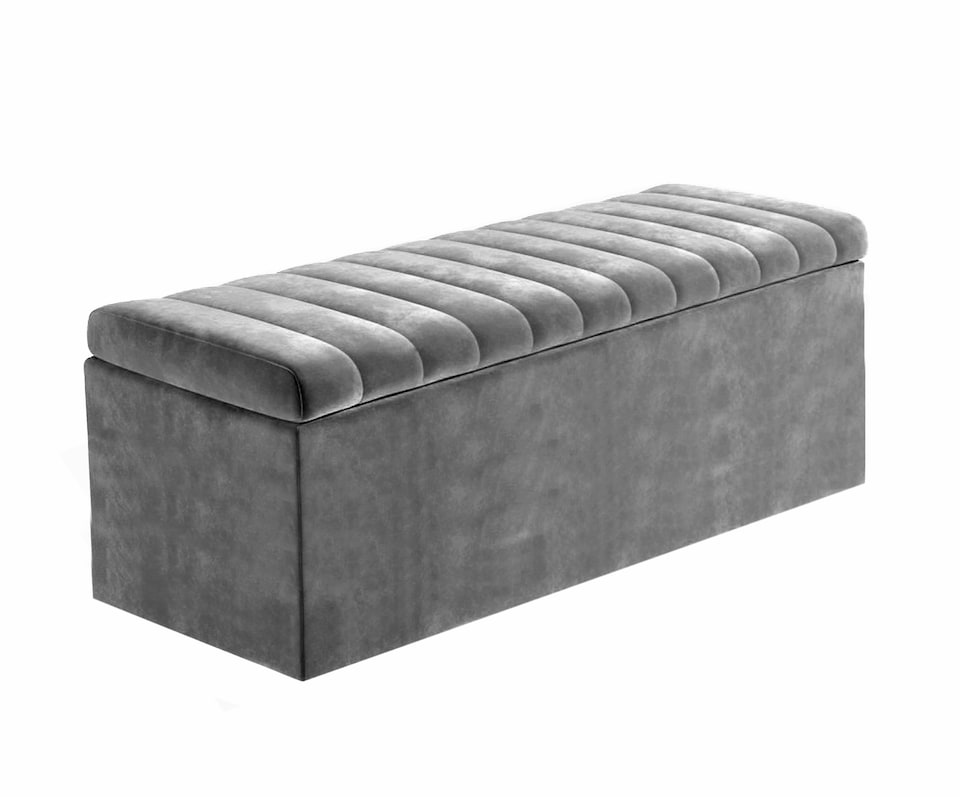 image 1 of 90cm Safar Large Striped Storage Ottoman Box, Grey Plush Velvet Upholstered Deep Storage Ottoman End of Bed Bench