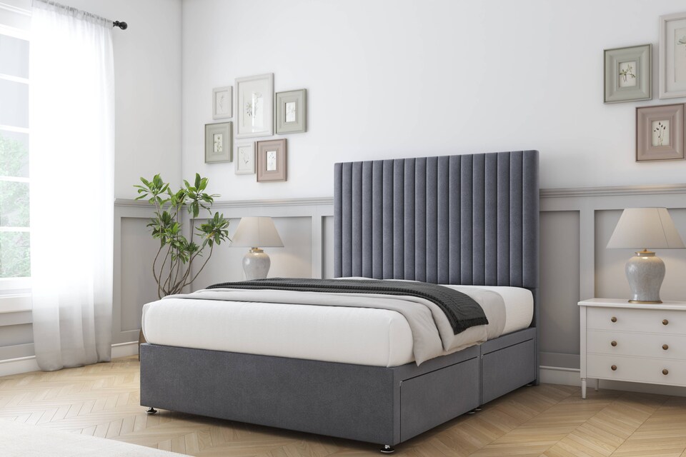 image 1 of Sloomy Manhattan Steel Plush Divan Bed With Mattress No Drawers With 54" Floor Standing Headboard 4' Small Double | Grey | Steel | Small Double | 1