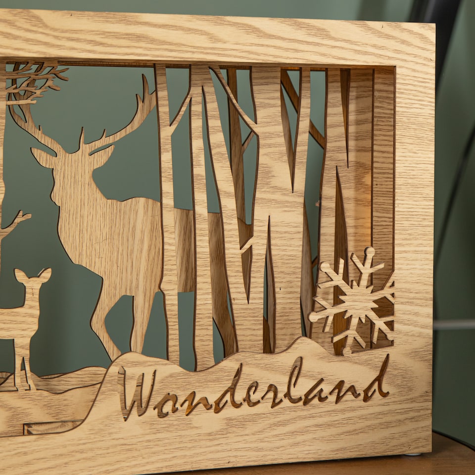 image 1 of 37cm Battery Operated Light up Wooden Christmas Reindeer Scene with Warm White LEDs