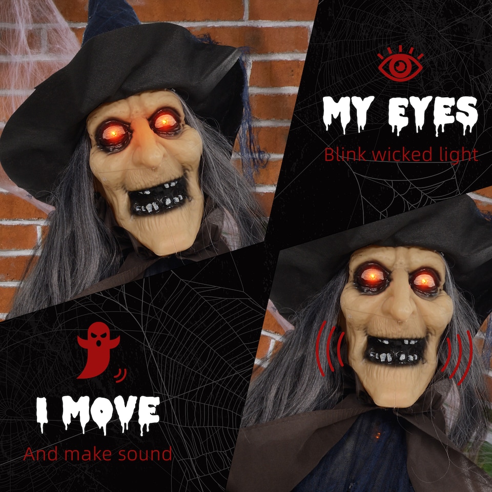 image 1 of HOMCOM 190cm 75 Witch with Broomstick Outdoor Halloween Decoration, Halloween Animatronic with Sound Activated, Light Up Eyes, Sound Effects, Animated Prop for Haunted House