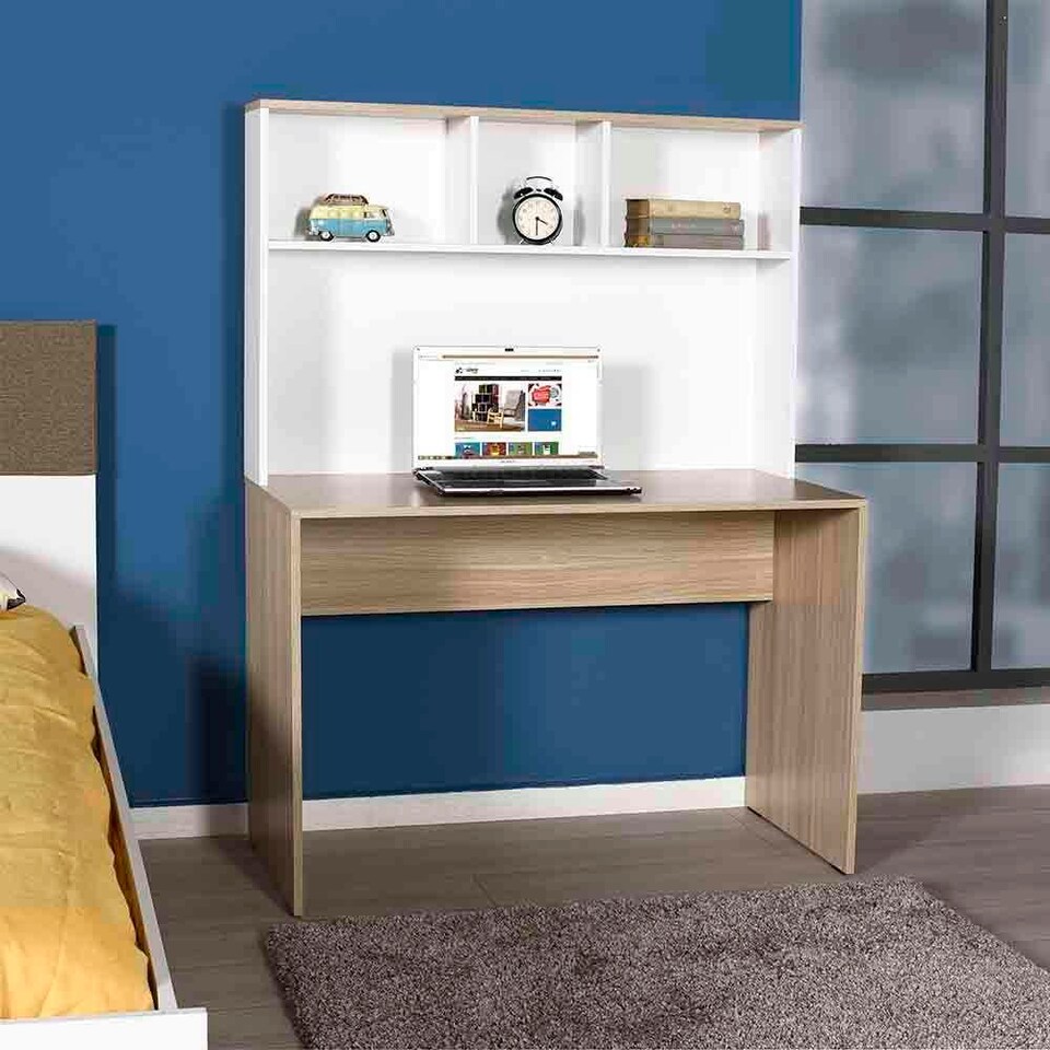 image 1 of Adore Teen White & Oak Study Desk with Storage Hutch White