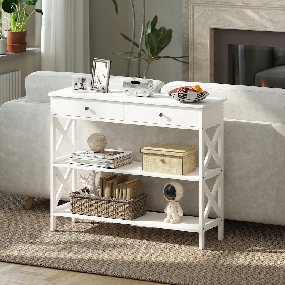 image 1 of HOMCOM Console Table Side Desk Shelves Drawers Open Top X Support Hallway White | White | White | 100 x 30.5 x 80 | 1