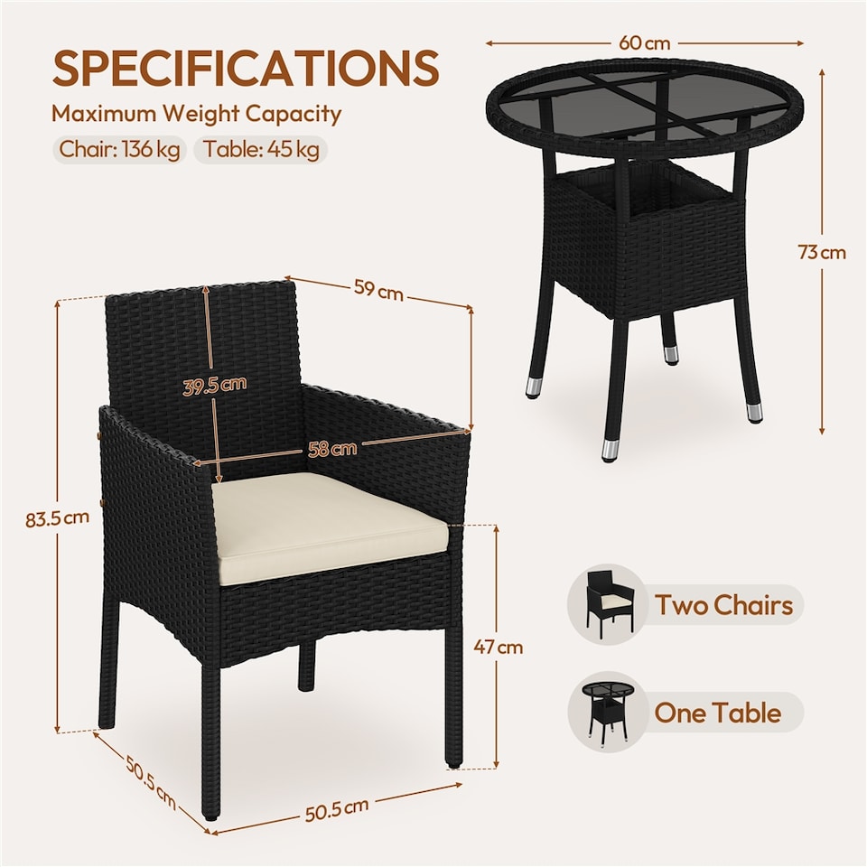 image 1 of Yaheetech 3-Piece Rattan Furniture Set, Woven PE Rattan Chairs & 1 Tempered-Glass Side Table-Black&Beige | Multi | Black/Beige