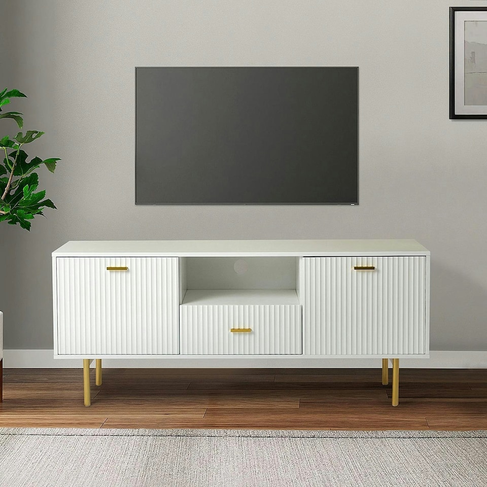 image 1 of White TV Cabinet with Gold Metal Legs and Handles Stylish Media Console with Spacious Storage White