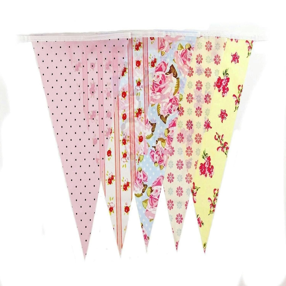 image 1 of Yellow and Peach Shabby Chic Vintage Print Party Bunting with 35 Pennants