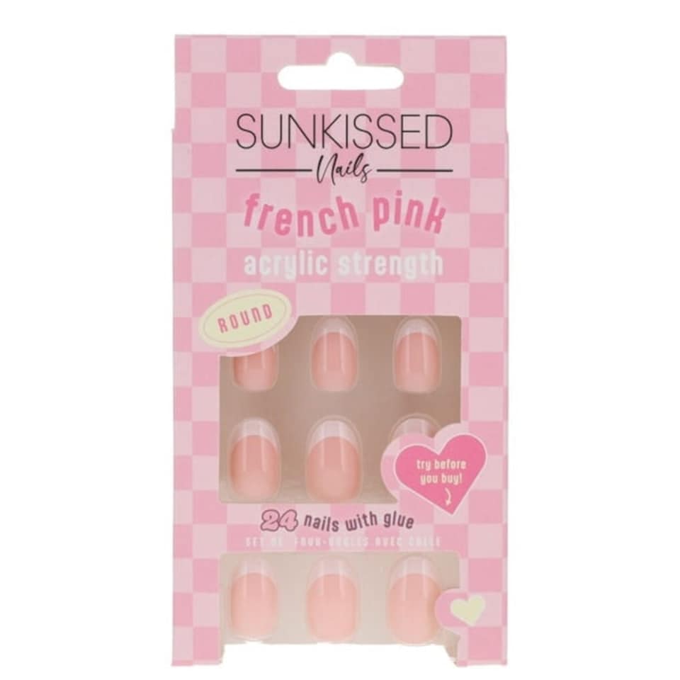 Sunkissed Nail Studio French Pink Acrylic Strength Round Nails 24 Pieces