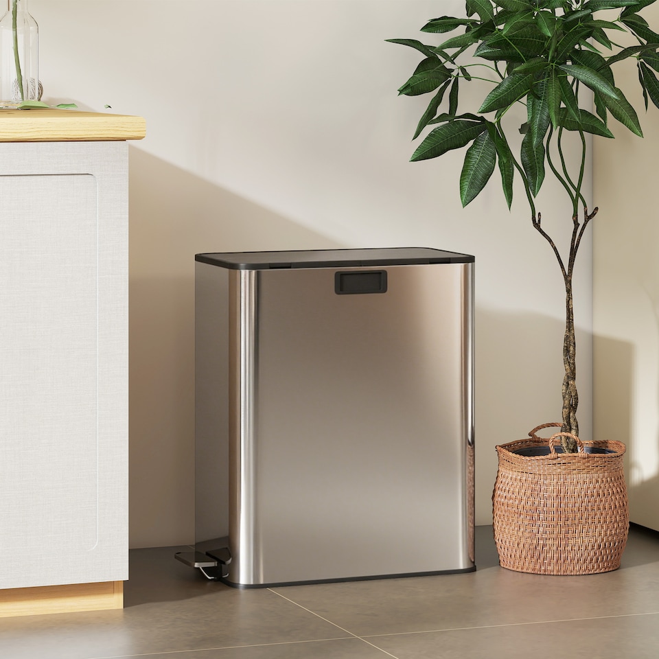 image 1 of HOMCOM Dual Kitchen Bin with Soft-Close Butterfly Lid, 2 x 28L Stainless Steel Pedal Bin with Removable Inner Buckets, Fingerprint-Proof for Recycling and Waste, Silver Tone
