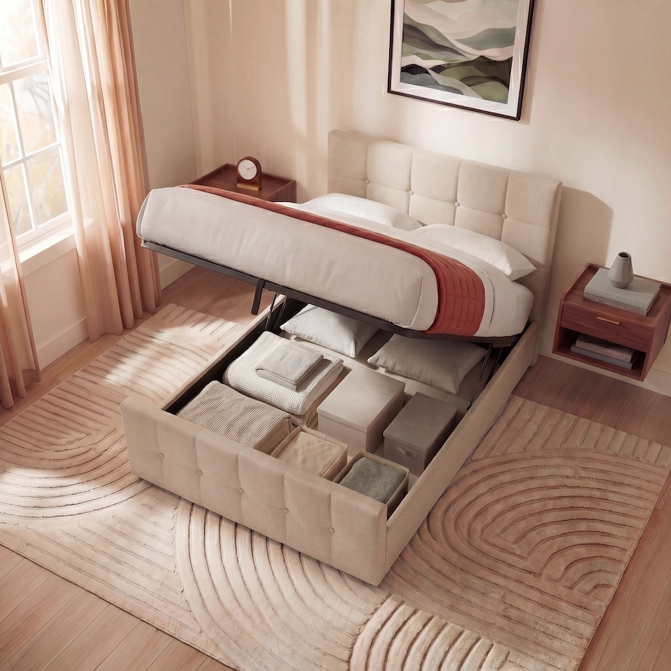 image 1 of Vida Designs Valentina Single Ottoman Lift Up Storage Bed Frame, Beige