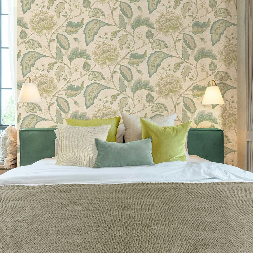 image 1 of Belgravia Maya Floral Trail Vinyl Textured Wallpaper - Sage/Cream - 10m x 53cm | Green