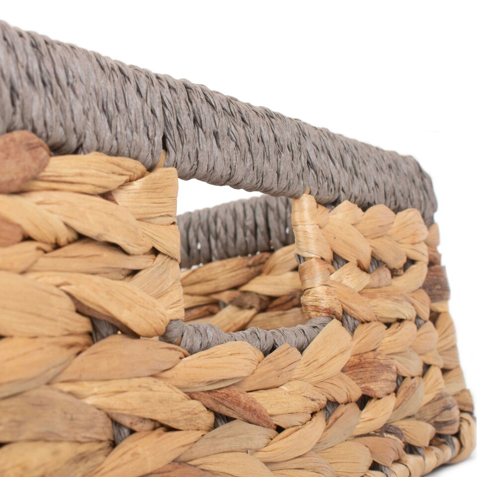 image 1 of Shallow Rectangular Water Hyacinth with Grey Rope Border Storage Basket Brown | Brown | L