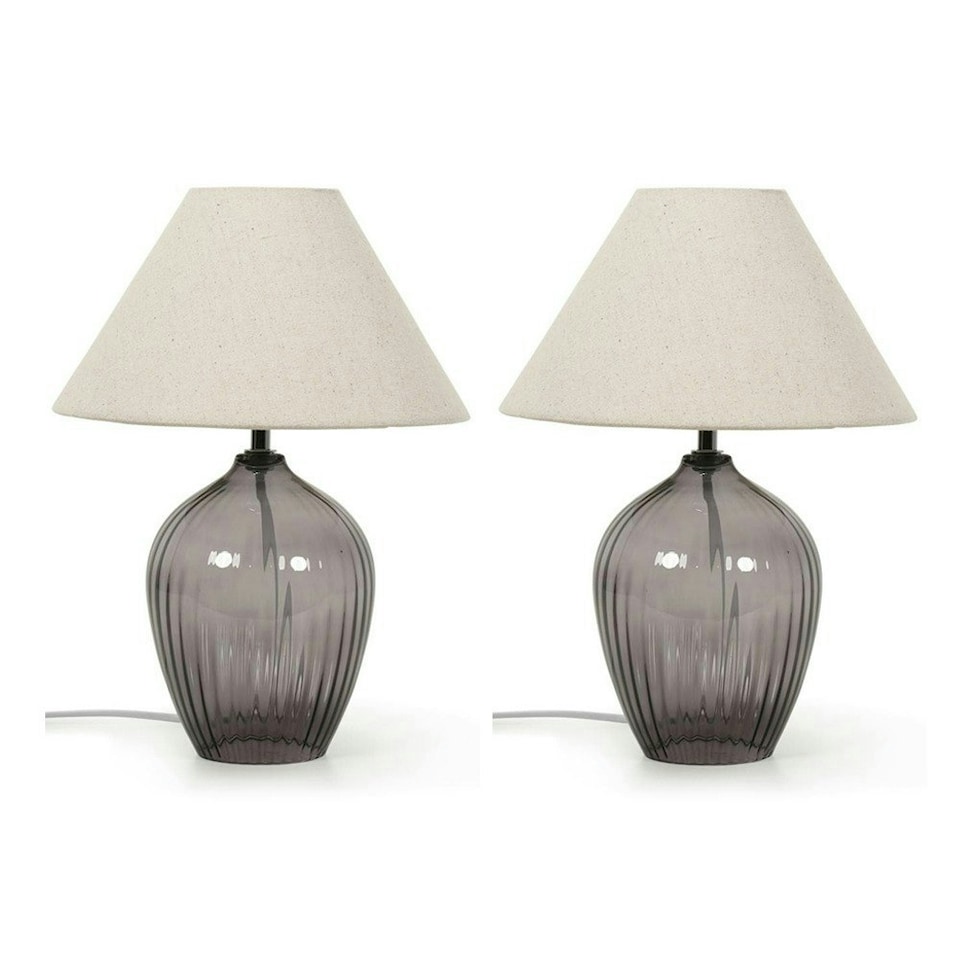 image 1 of ValueLights Olivet Pair of Grey Glass Table Lamps with Fabric Tapered Lampshade Bedside Light - Bulbs Included