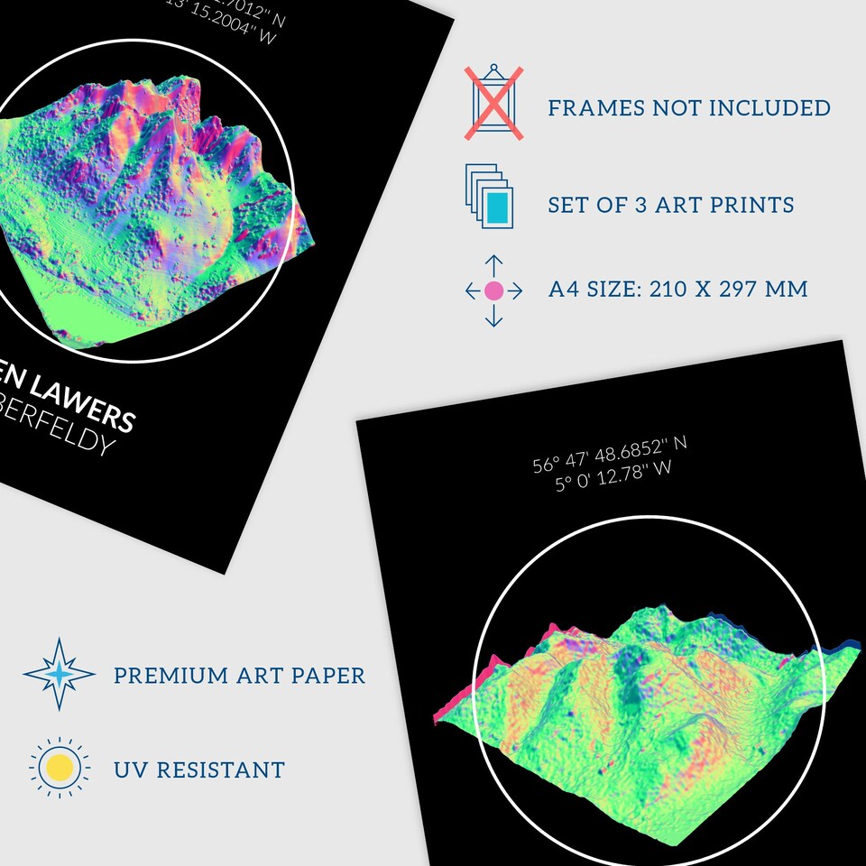 image 1 of Set of 3 Neon Scotland Mountain Topography Maps Ben Lawers Aberfeldy Wall Art Print A4