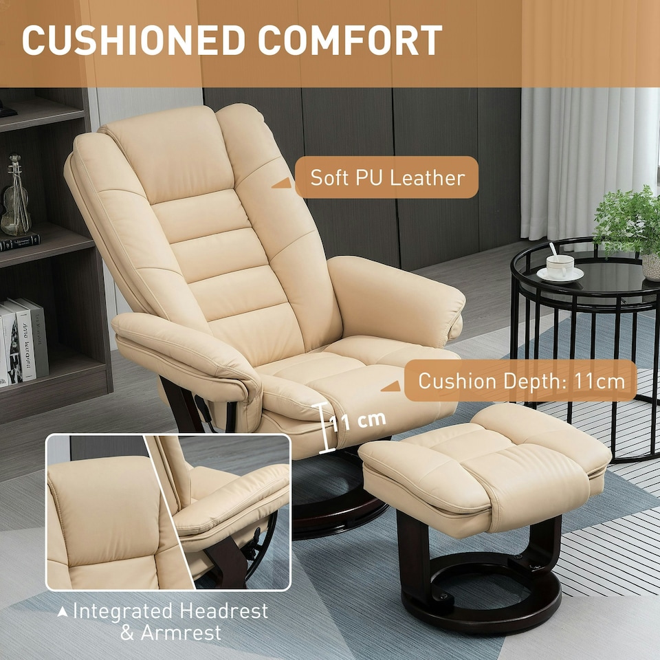 image 1 of HOMCOM Swivel Manual Recliner and Footrest Set PU Leather Lounge Chair Beige