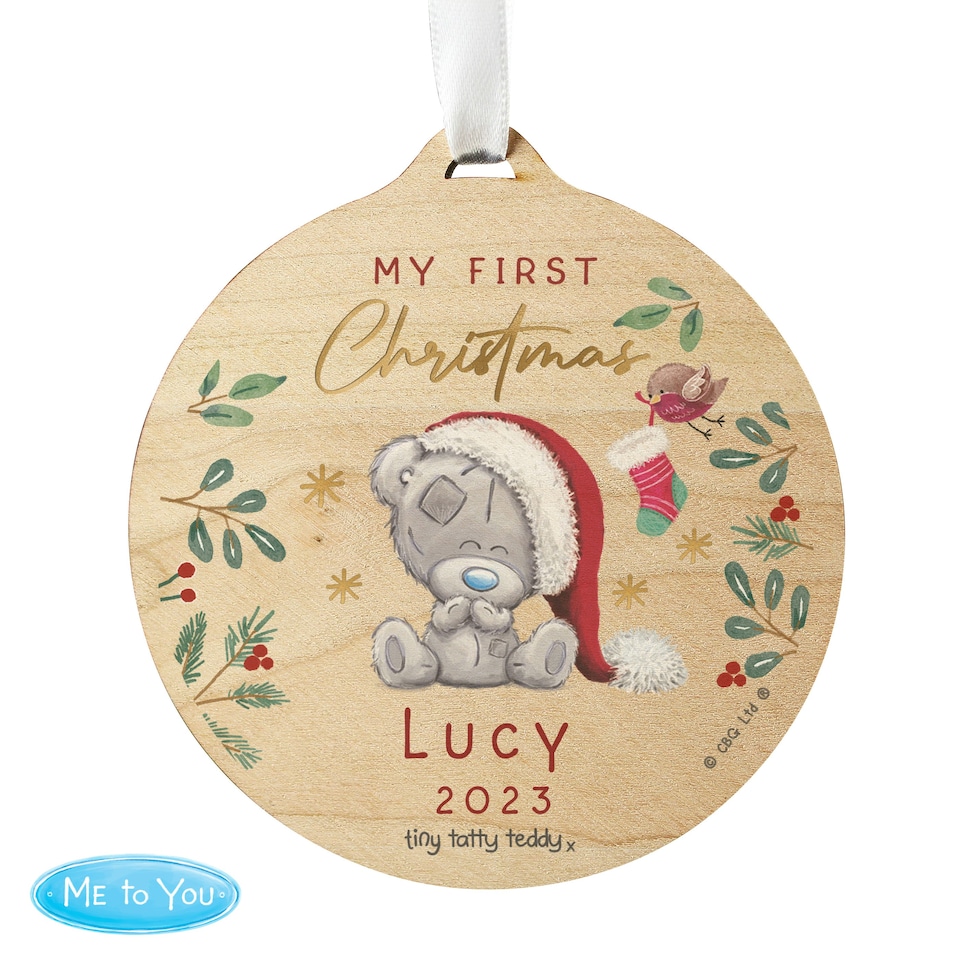 image 1 of Personalised First Christmas Tiny Tatty Teddy Round Wooden Decoration