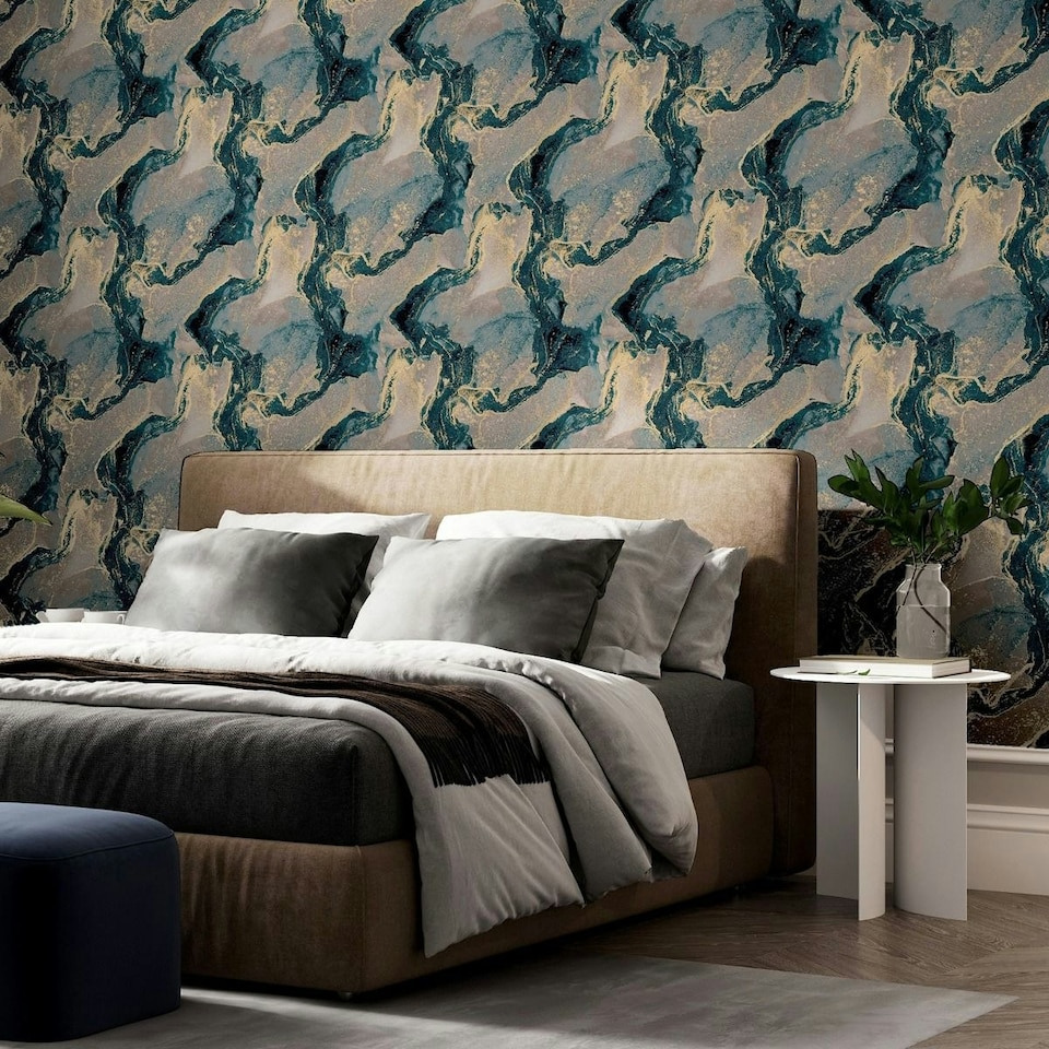 image 1 of Arthouse Abstract Marble Textured Wallpaper - Teal/Gold - 10m x 53cm Green