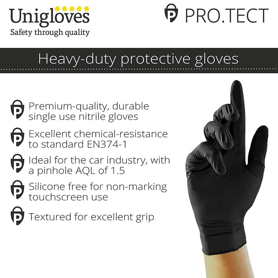 image 1 of Unigloves PRO.TECT Black Box of 100 Nitrile Gloves Black | Small