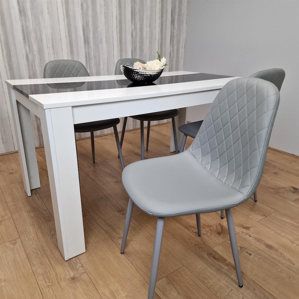 image 1 of Dining Table Set White And Black Table With 4 Grey Gem Pattern Chairs Dining Room Furniture