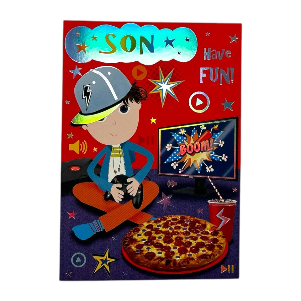 image 1 of To Son Juvenile Trendy Pops Boy Playing Game Design Birthday Card