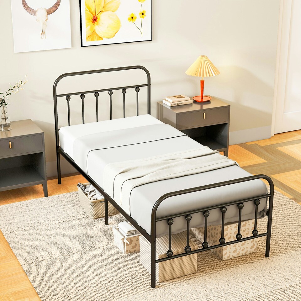 image 1 of HOMCOM 3ft Metal Single Platform Bed Frame w/ Underbed Storage Headboard Black