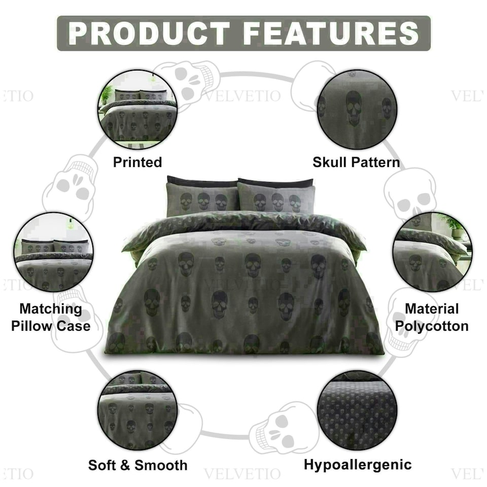 image 1 of Skull Charcoal Printed Duvet Cover Set Reversible Polycotton Beddings Grey | King