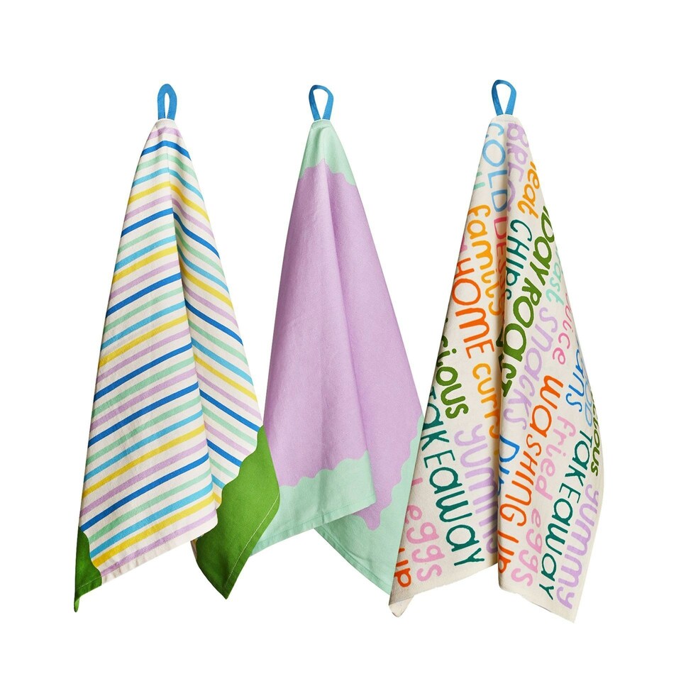 image 1 of Raspberry Blossom Set of 3 Cotton Printed Tea Towels with Hanging Loop | Multi