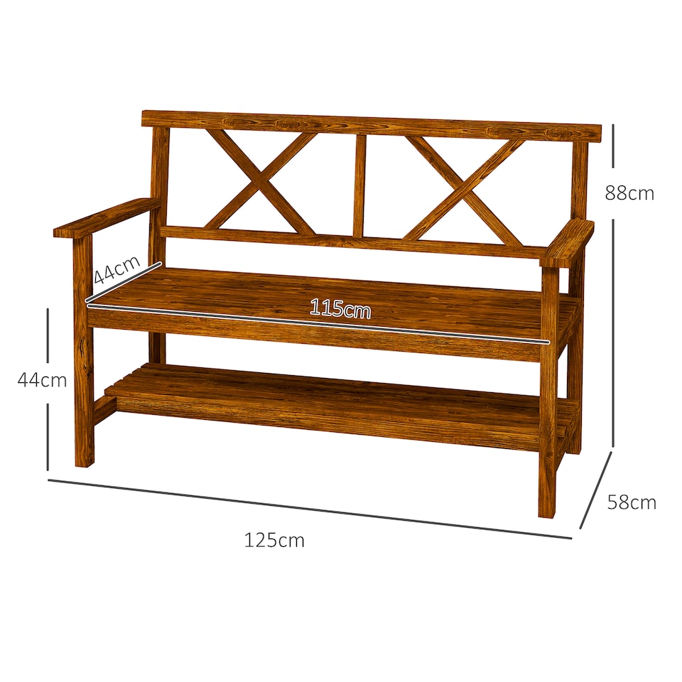 image 1 of Outsunny Wooden Garden Bench, 2-Seater Outdoor Bench with Storage Shelf, Backrest, Armrests and Slat Seat for Patio, Lawn, Deck, Carbonized