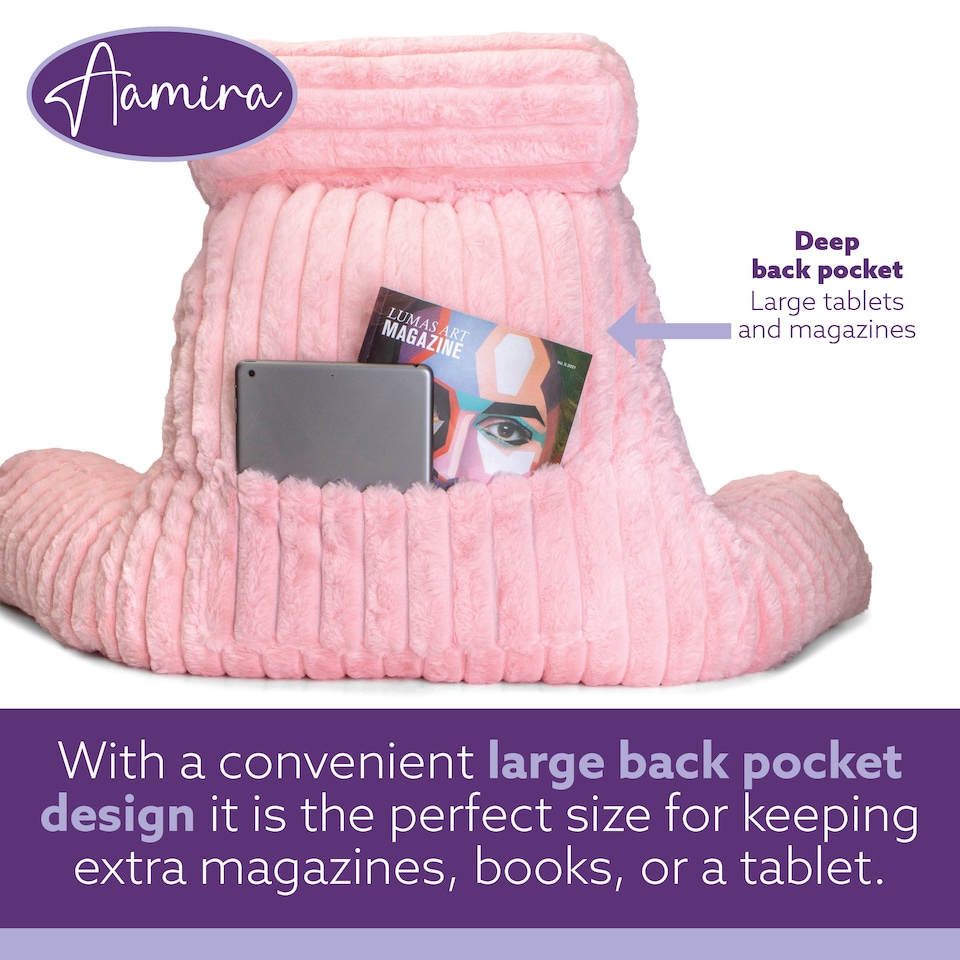 image 1 of Aamira Reading Pillow Pink Faux Fur Ribbed Memory Foam Support Cushion | Pink | Pink | Standard | 1