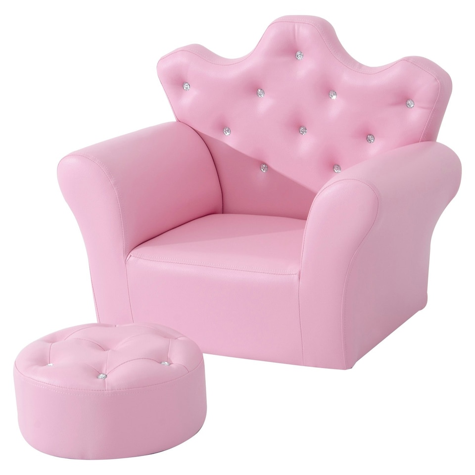 image 1 of HOMCOM Kids Sofa Set, 2PCs Crown-Themed Child Armchair with Ottoman, Pink