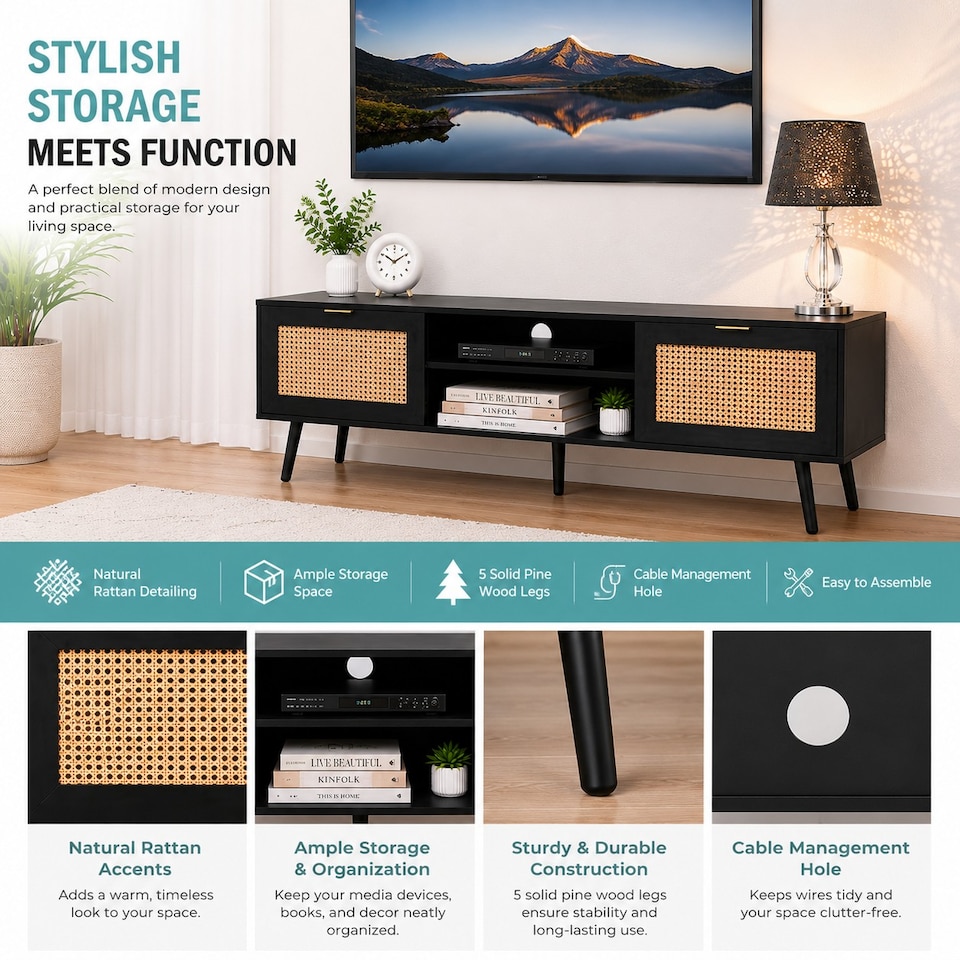 image 1 of Modern Black Rattan TV Stand Cabinet with Two Cupboards and Shelves TV Unit - W150 x D40 x H52cm