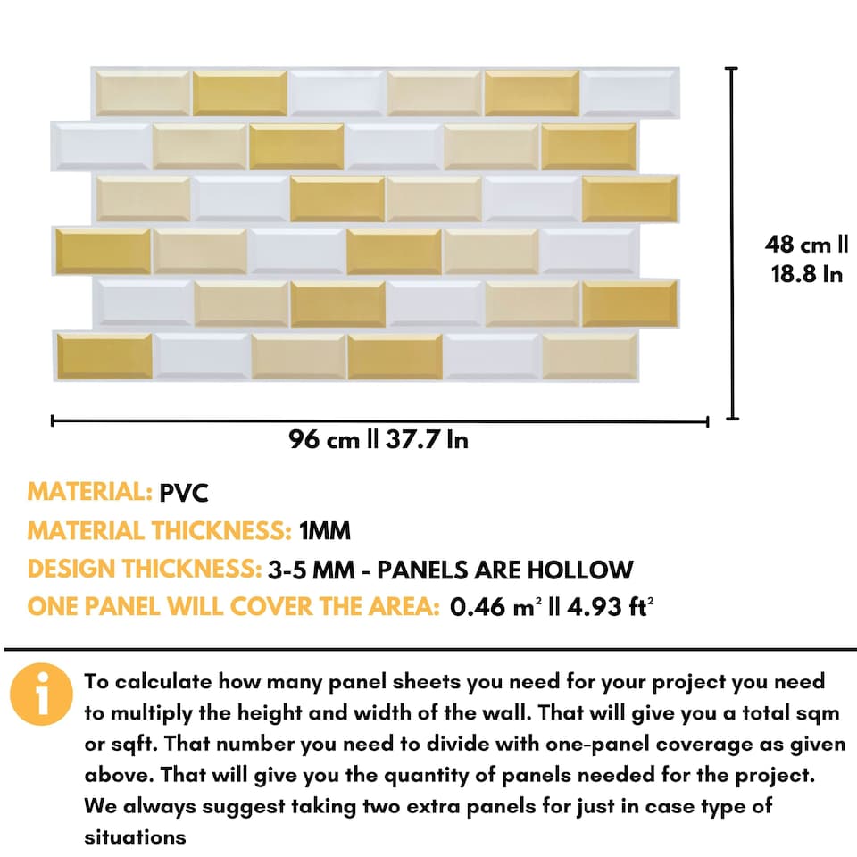 image 1 of NOVECRAFTO 3D Wall Panels – 6 PVC Sheets, Covers 2.76 sqm (29.76 sq ft), 96x48cm Each – White Subway Tile Pattern with Gold and Beige Accents
