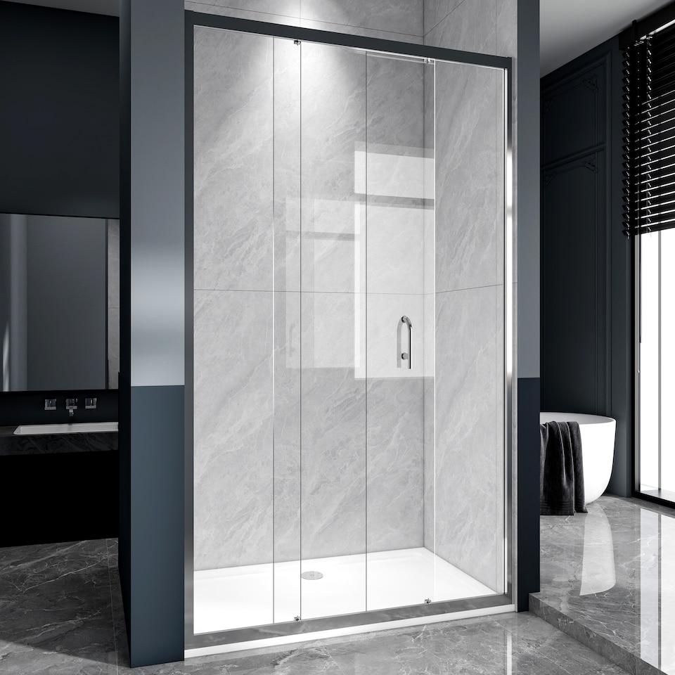 image 1 of Stech Homes 1500mm Reversible Sliding Shower Enclosure with 700mm Side Panel, 5mm Glass Chrome