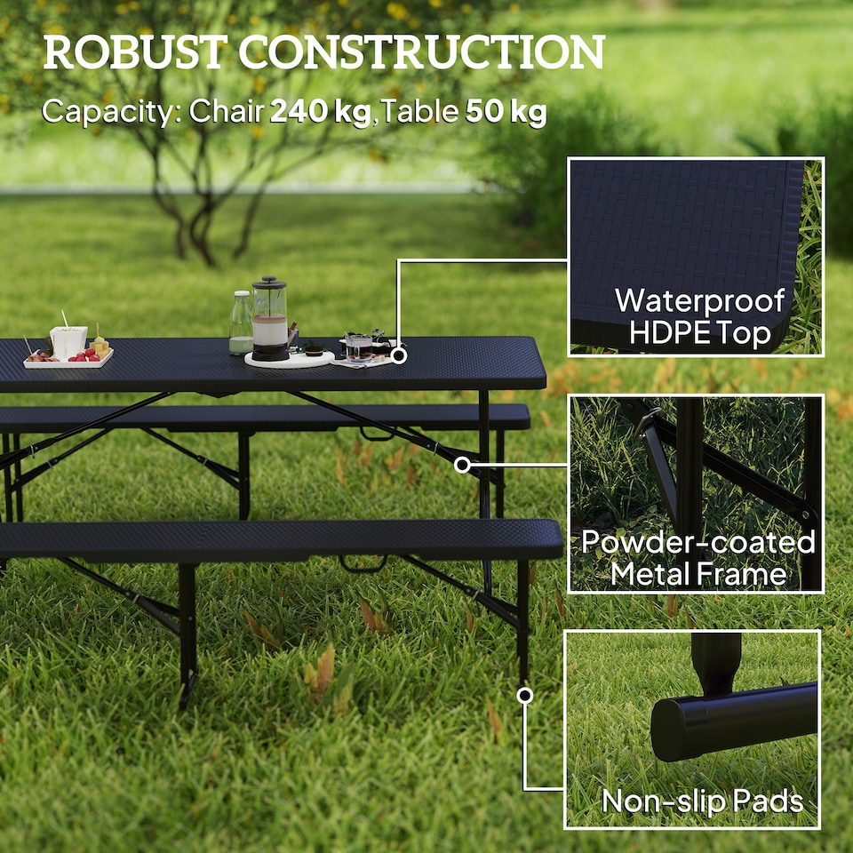 image 1 of Outsunny Folding Picnic Table and Bench Set, Rattan Effect Portable Camping Table and Chairs with Carrying Handles for Indoor Outdoor, Dining, Camping, Picnic, BBQ, Party, Black