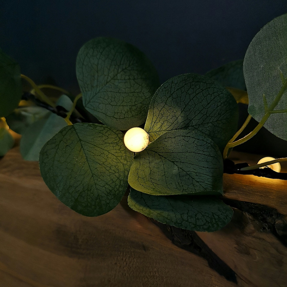 image 1 of 1.8m LED Artificial Eucalyptus Garland with Warm White Lights - Battery Operated Green Leaf Foliage for Indoor Christmas Decor