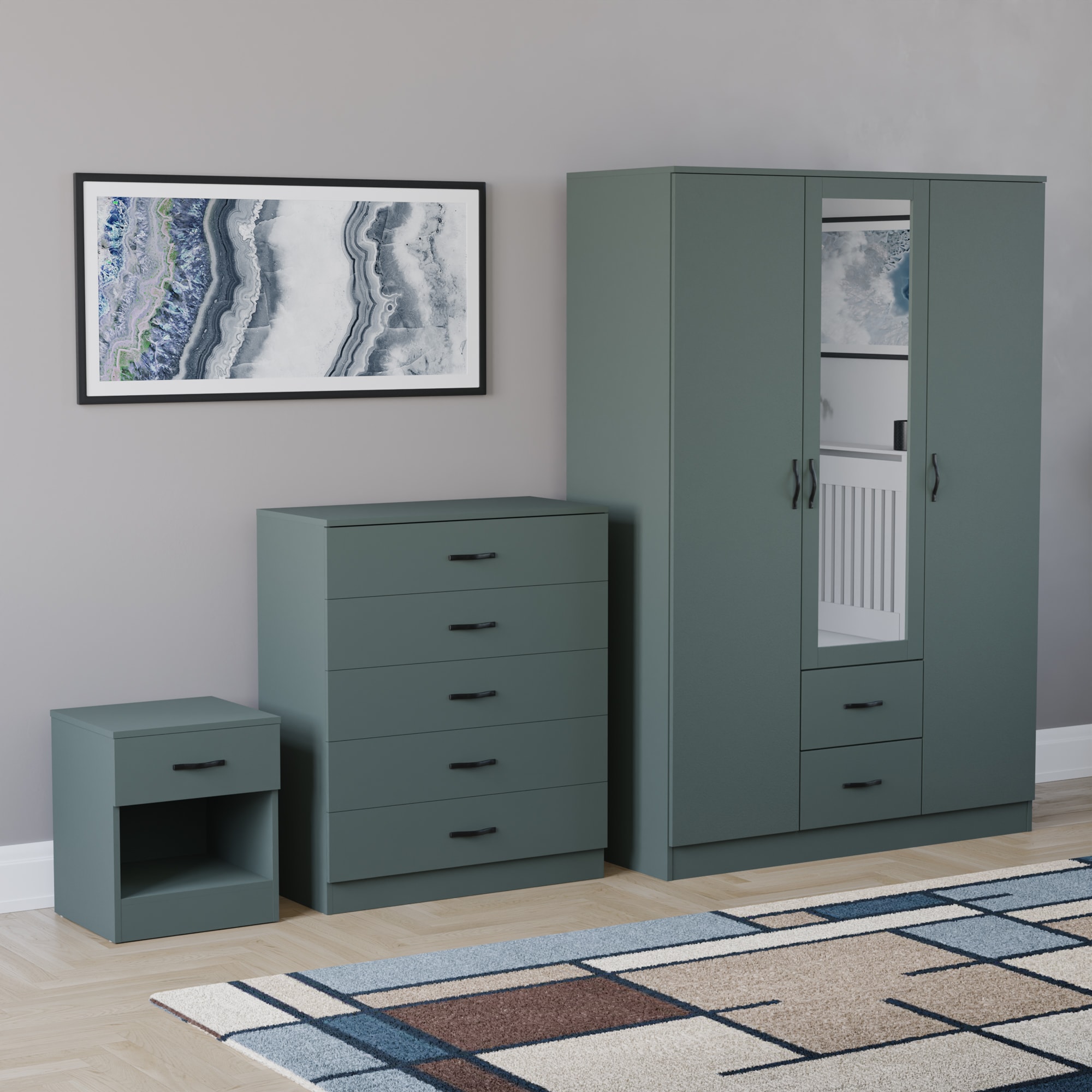 Vida Designs Riano 3 Piece Bedroom Set (1 Drawer Bedside Chest, 5 Drawer Chest, 3 Door 2 Drawer Mirrored Wardrobe) - Green