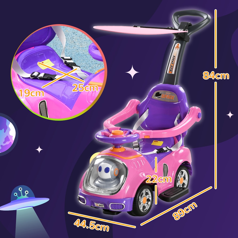 image 1 of AIYAPLAY 3 in 1 Ride on Push Car, Cartoon Robot Theme Foot to Floor Slider, Baby Push Along Car with Parent Handle, Light Music Horn, Underneath Storage, for Boys Girls 12-36 Months - Pink
